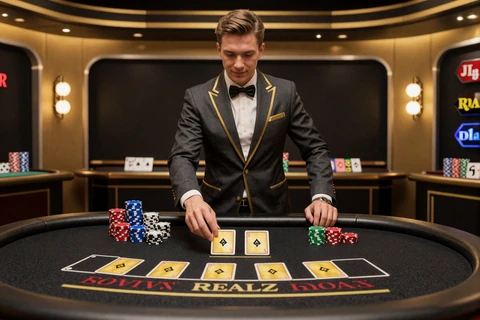 Deutsches Blackjack Live Tisch mit Dealer und goldenen Karten - Realz Casino