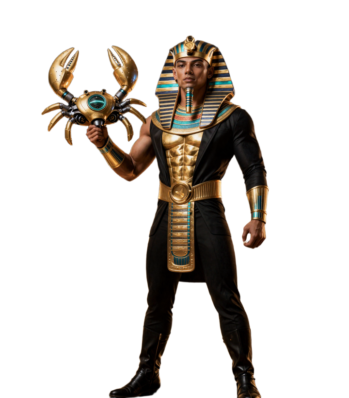 Pharao Agent im schwarzen Smoking &uuml;ber goldener R&uuml;stung mit Bonus Crab Gadget - Realz Casino Maskottchen